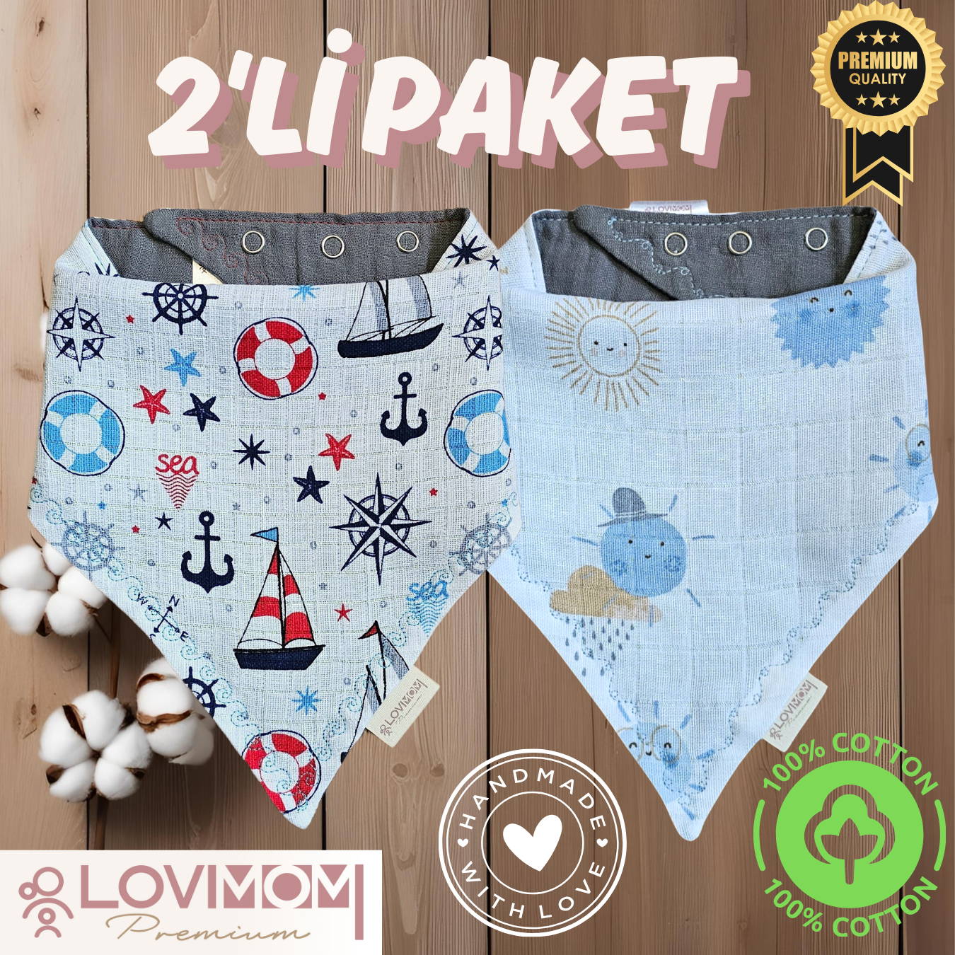 2 Pack Premium 100% Cotton Extra Soft 2 Layer Muslin Baby Scarf Drool & Bib 3 Snap Sunshine + Sailor