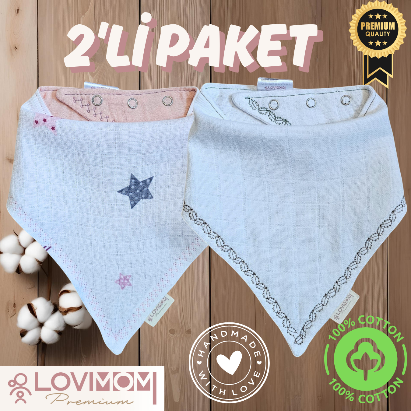 2 Pack Premium 100% Cotton Extra Soft 2 Layer Muslin Baby Scarf Drool & Bib 3 Snap Star + Bright