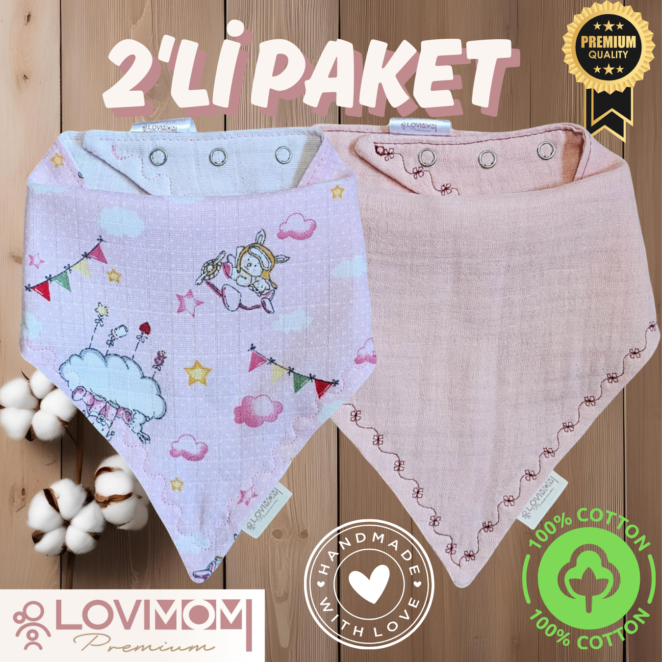 2 Pack Premium 100% Cotton Extra Soft 2 Layer Muslin Baby Scarf Drool & Bib 3 Snaps Dream + Pinkone