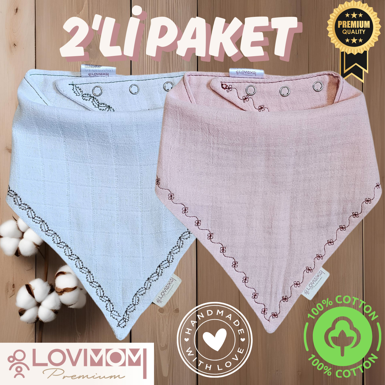 2 Pack Premium 100% Cotton Extra Soft 2 Layer Muslin Baby Scarf Drool & Bib 3 Snaps Pinkone + Bright