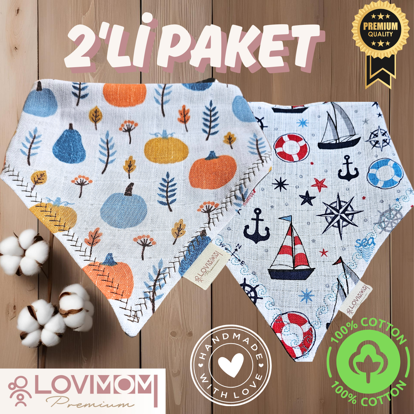 2 Pack Premium 100% Cotton Extra Soft 2 Layer Muslin Baby Scarf Drool & Bib 3 Snap Pumpkin + Sailor