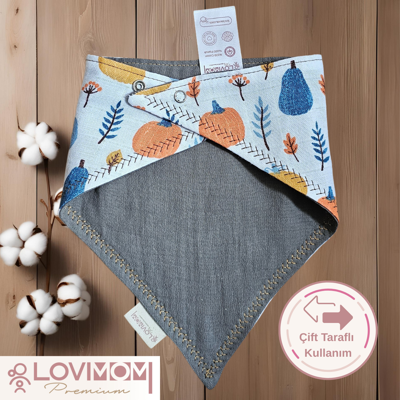 Premium 100% Cotton Extra Soft 2 Layer Muslin Baby Scarf Drool & Bib 45cm 3 Snap Pumpkin