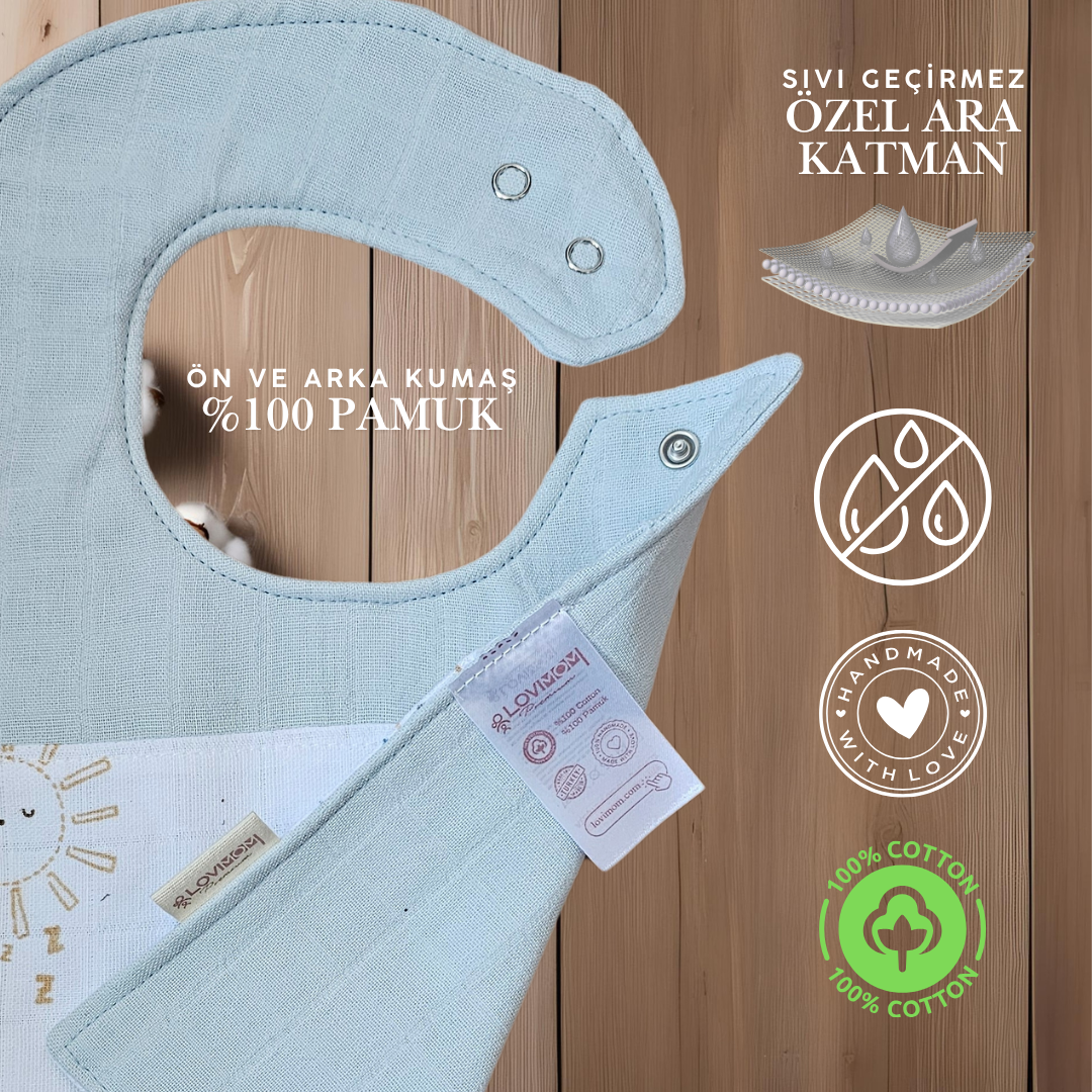 Premium %100 Pamuk Ekstra Soft 2 Katlı Su Geçirmez Müslin Bebek Mama Önlüğü Çıtçıtlı Sunshin 0-2 Yaş