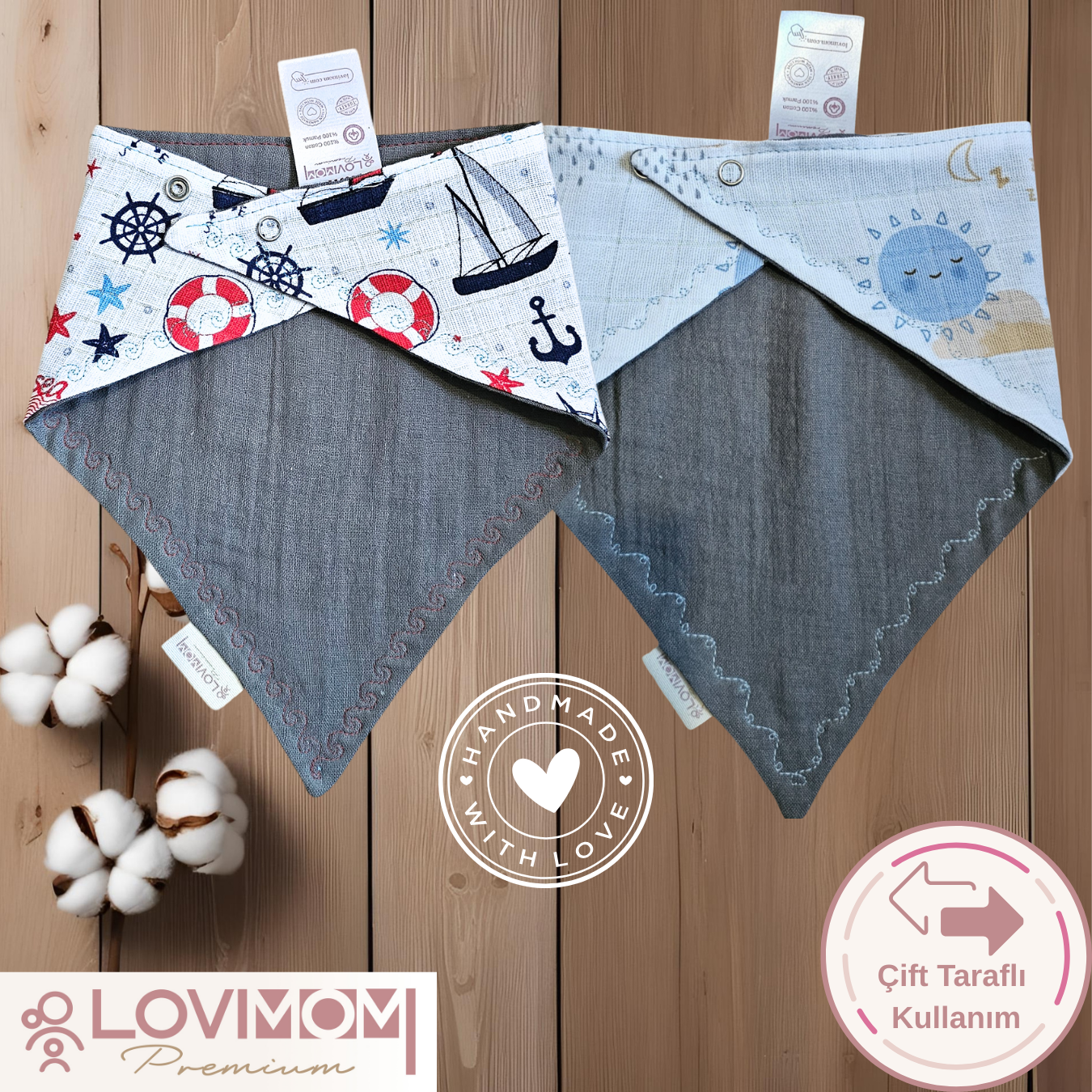 2 Pack Premium 100% Cotton Extra Soft 2 Layer Muslin Baby Scarf Drool & Bib 3 Snap Sunshine + Sailor