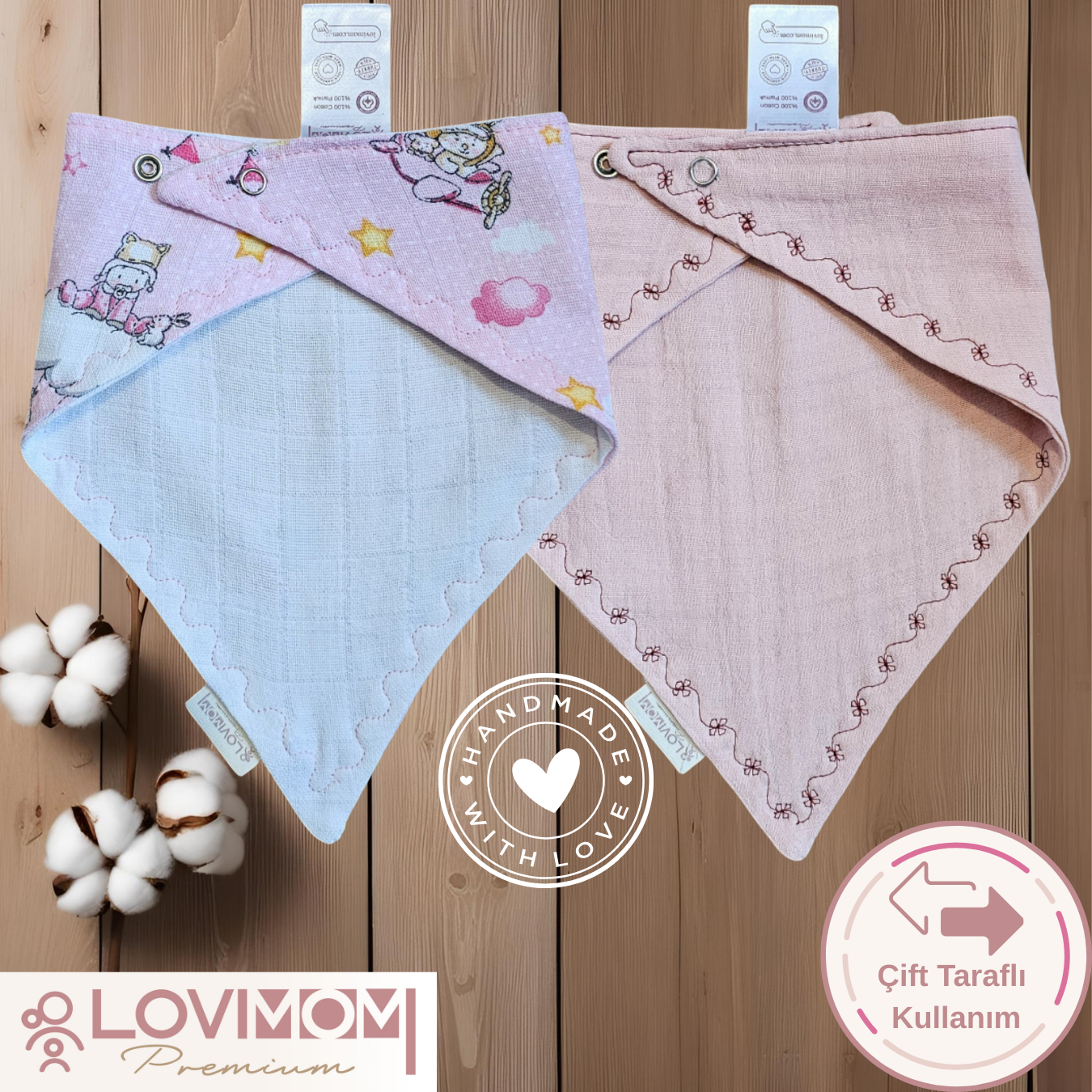 2 Pack Premium 100% Cotton Extra Soft 2 Layer Muslin Baby Scarf Drool & Bib 3 Snaps Dream + Pinkone
