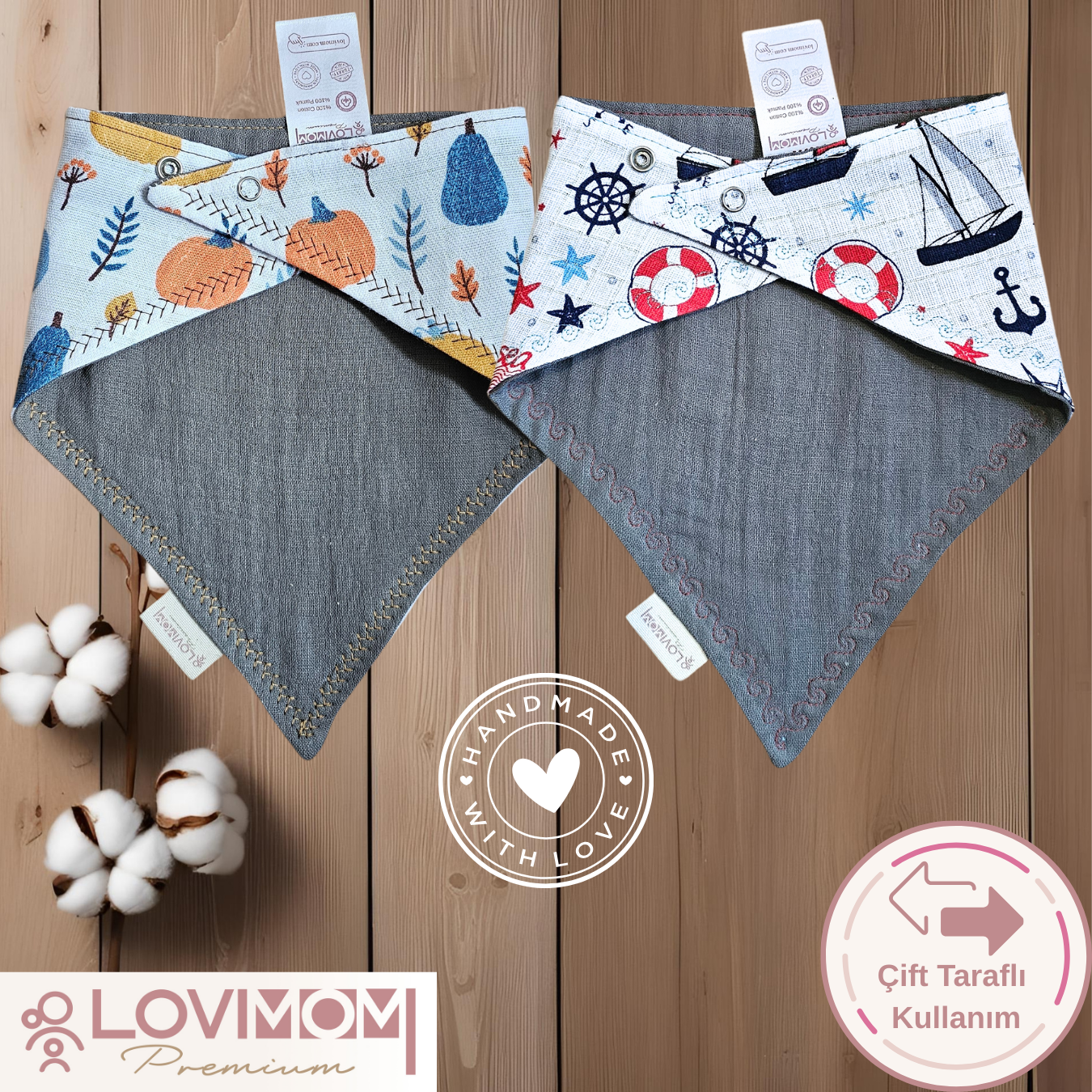 2 Pack Premium 100% Cotton Extra Soft 2 Layer Muslin Baby Scarf Drool & Bib 3 Snap Pumpkin + Sailor