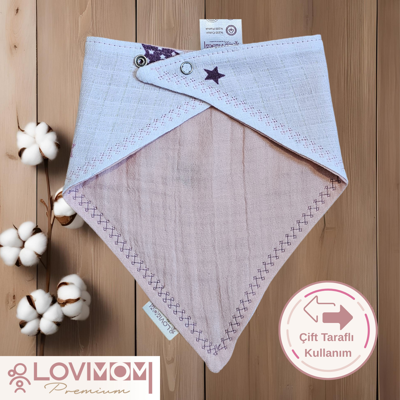 Premium 100% Cotton Extra Soft 2 Layer Muslin Baby Scarf Drool & Bib 45cm 3 Snap Star