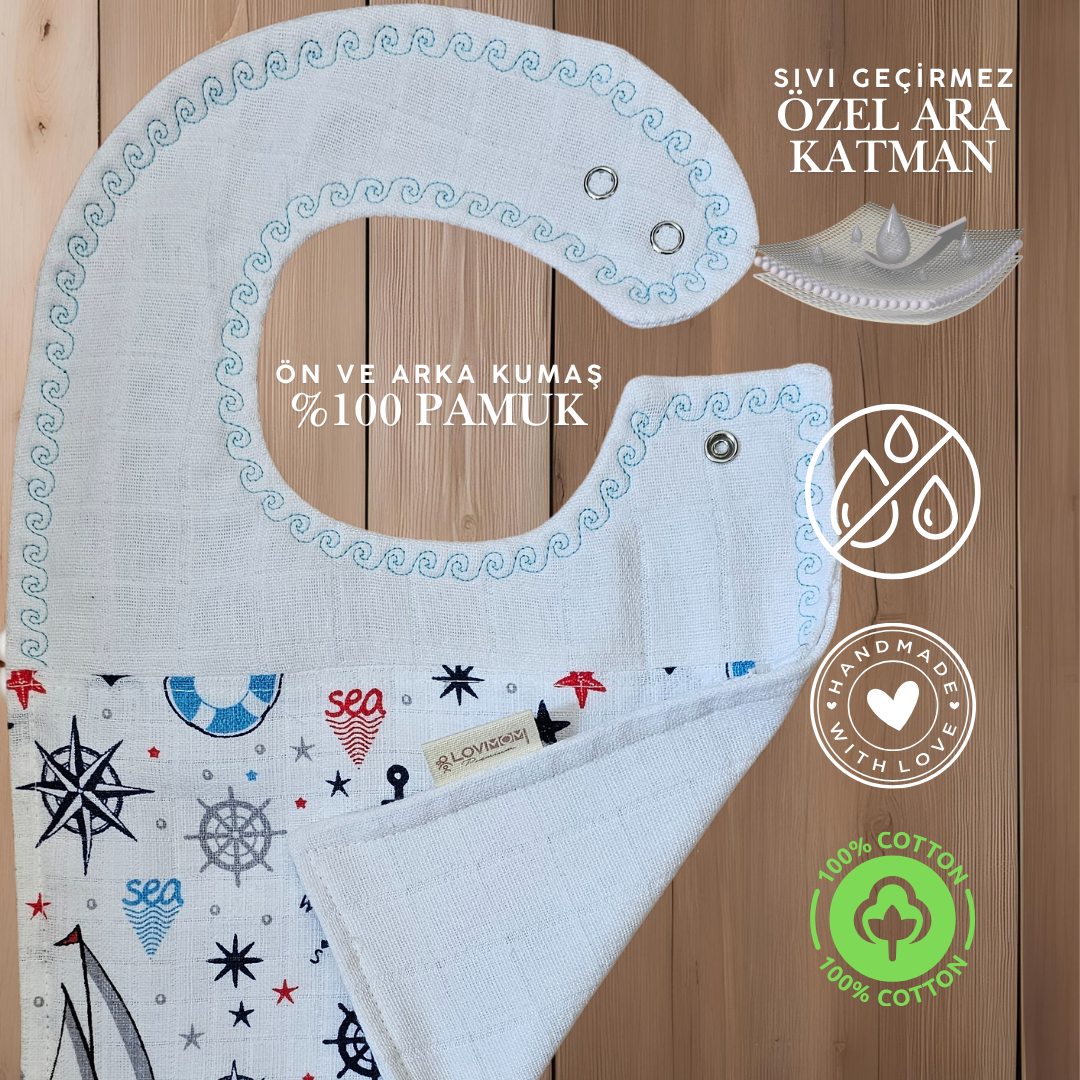 Premium %100 Pamuk Ekstra Soft 2 Katlı Su Geçirmez Müslin Bebek Mama Önlüğü Çıtçıtlı Sailor 0-2 Yaş