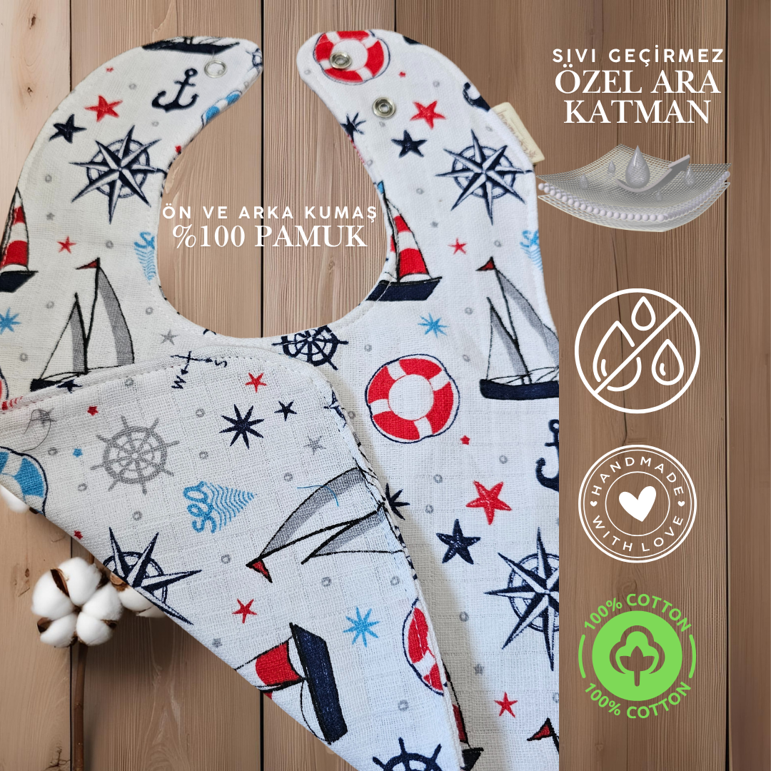 Premium %100 Pamuk Ekstra Soft 2 Katlı Su Geçirmez Müslin Bebek Mama Önlüğü Çıtçıtlı Sailor 0-2 Yaş