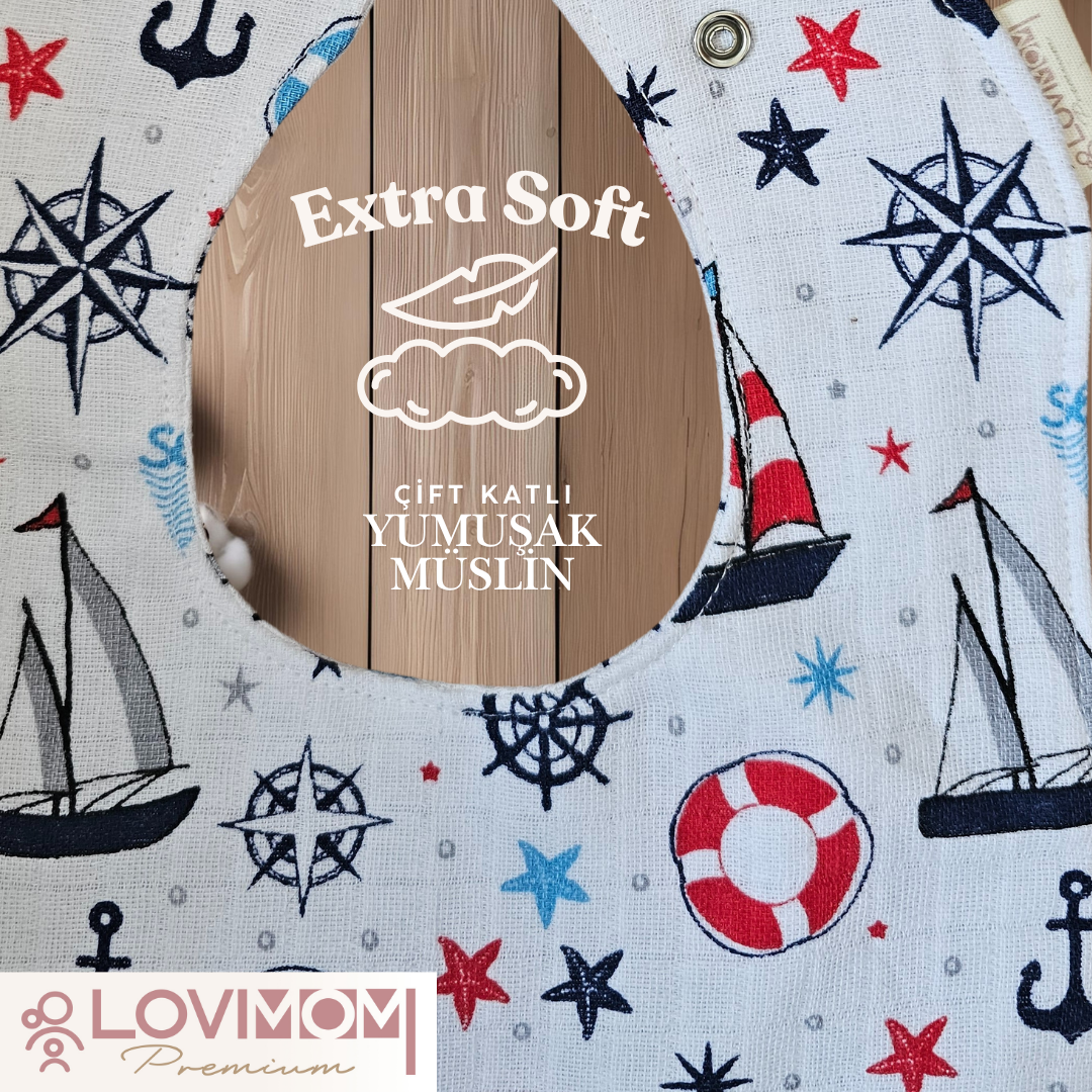 Premium %100 Pamuk Ekstra Soft 2 Katlı Su Geçirmez Müslin Bebek Mama Önlüğü Çıtçıtlı Sailor 0-2 Yaş
