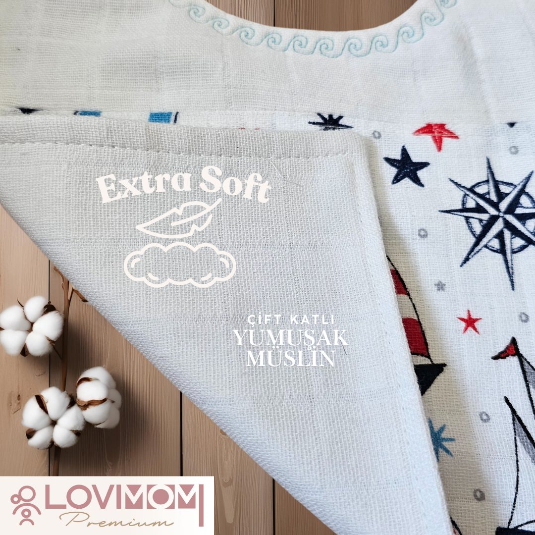 Premium %100 Pamuk Ekstra Soft 2 Katlı Su Geçirmez Müslin Bebek Mama Önlüğü Çıtçıtlı Sailor 0-2 Yaş