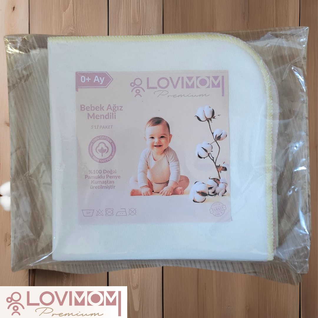 %100 Pamuk Penye Bebek Ağız Mendili 5’li Set Ekstra Yumuşak, Büyük Boy Salya Mendili 28x28 cm
