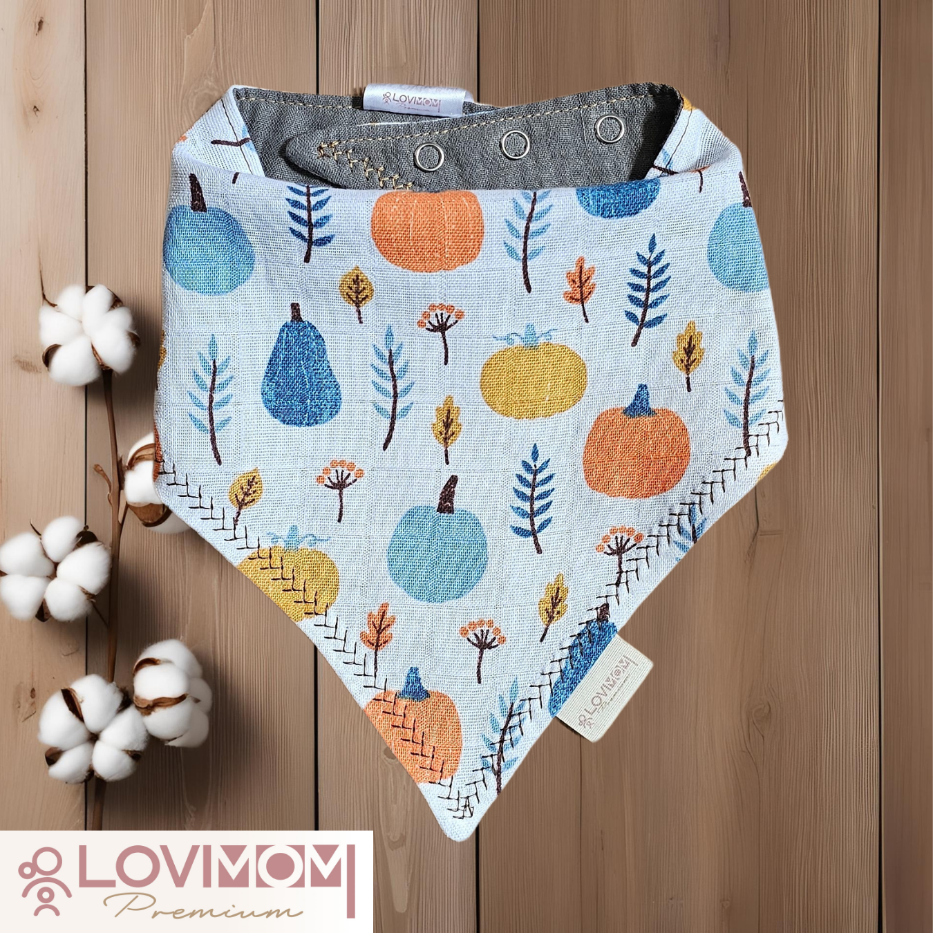 Premium 100% Cotton Extra Soft 2 Layer Muslin Baby Scarf Drool & Bib 45cm 3 Snap Pumpkin