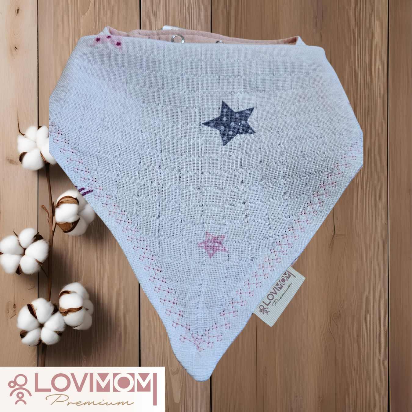 Premium 100% Cotton Extra Soft 2 Layer Muslin Baby Scarf Drool & Bib 45cm 3 Snap Star