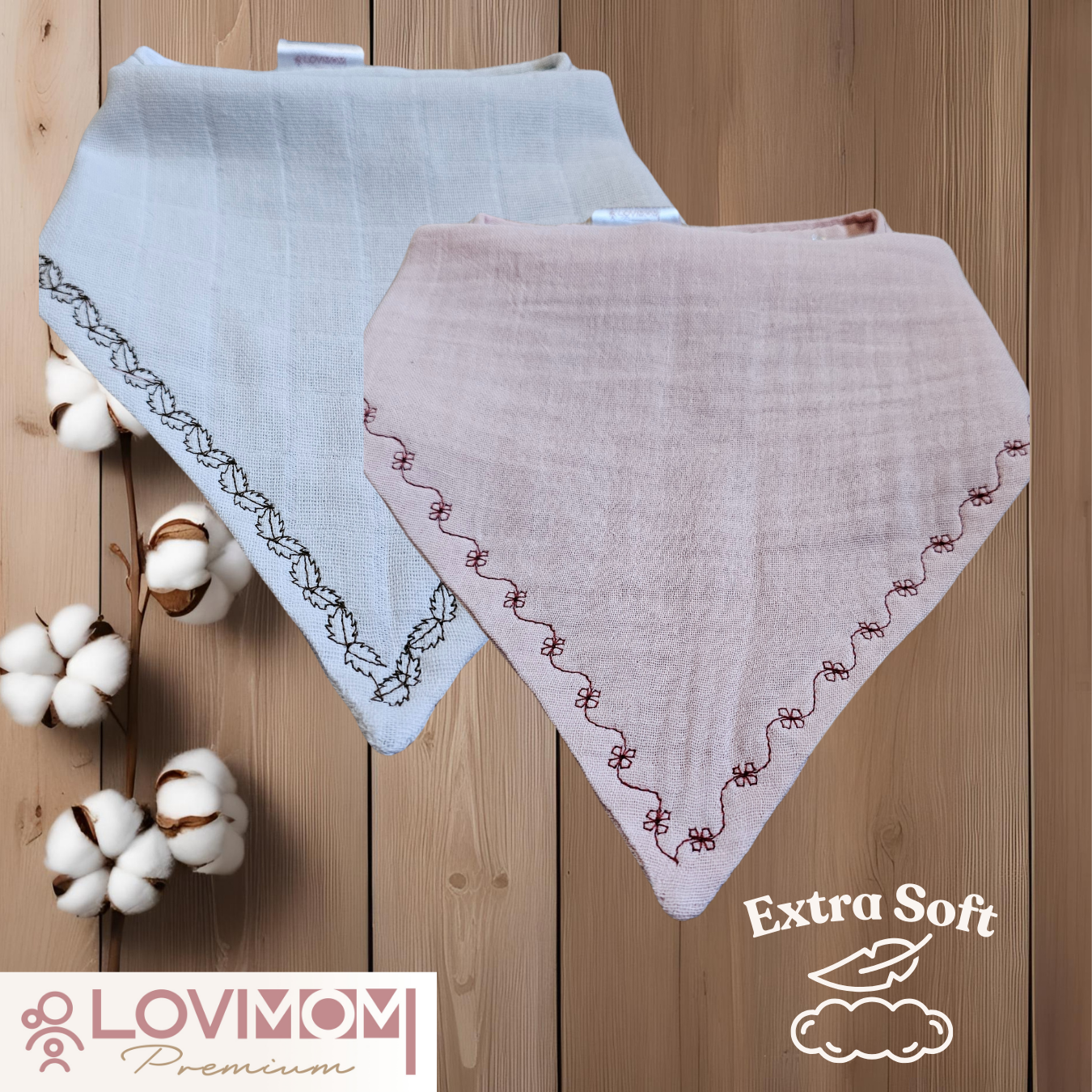2 Pack Premium 100% Cotton Extra Soft 2 Layer Muslin Baby Scarf Drool & Bib 3 Snaps Pinkone + Bright