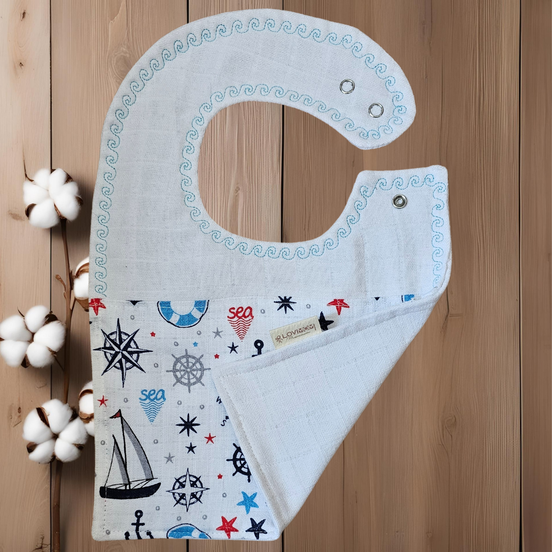 Premium %100 Pamuk Ekstra Soft 2 Katlı Su Geçirmez Müslin Bebek Mama Önlüğü Çıtçıtlı Sailor 0-2 Yaş