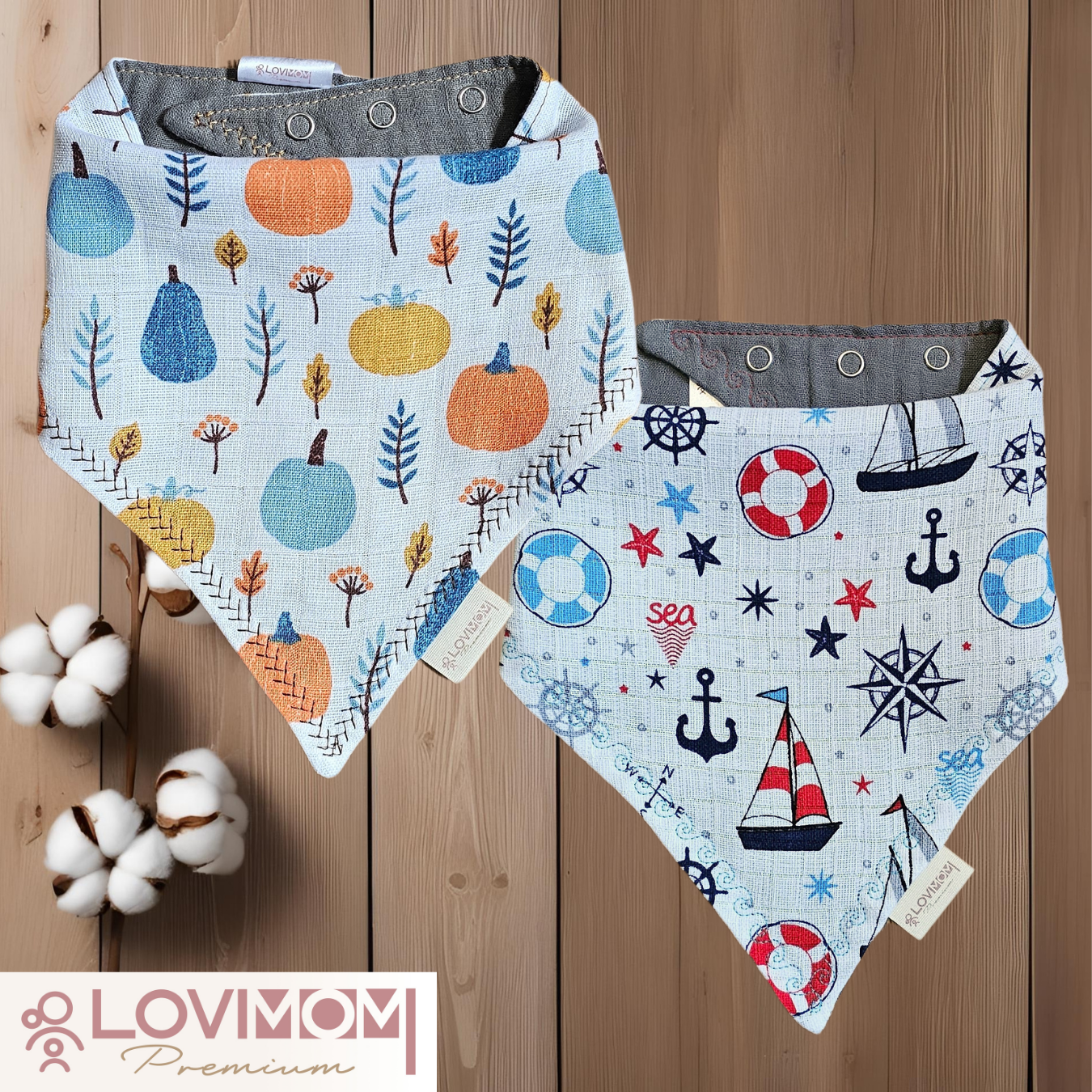 2 Pack Premium 100% Cotton Extra Soft 2 Layer Muslin Baby Scarf Drool & Bib 3 Snap Pumpkin + Sailor