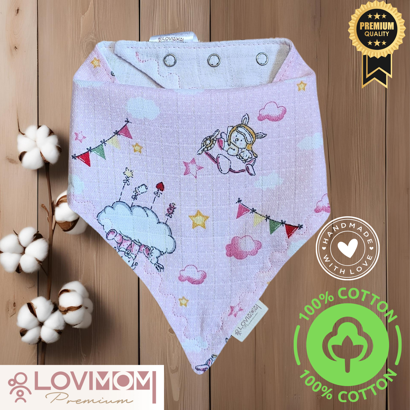 Premium 100% Cotton Extra Soft 2 Layer Muslin Baby Scarf Drool & Bib 45cm 3 Snaps Dream