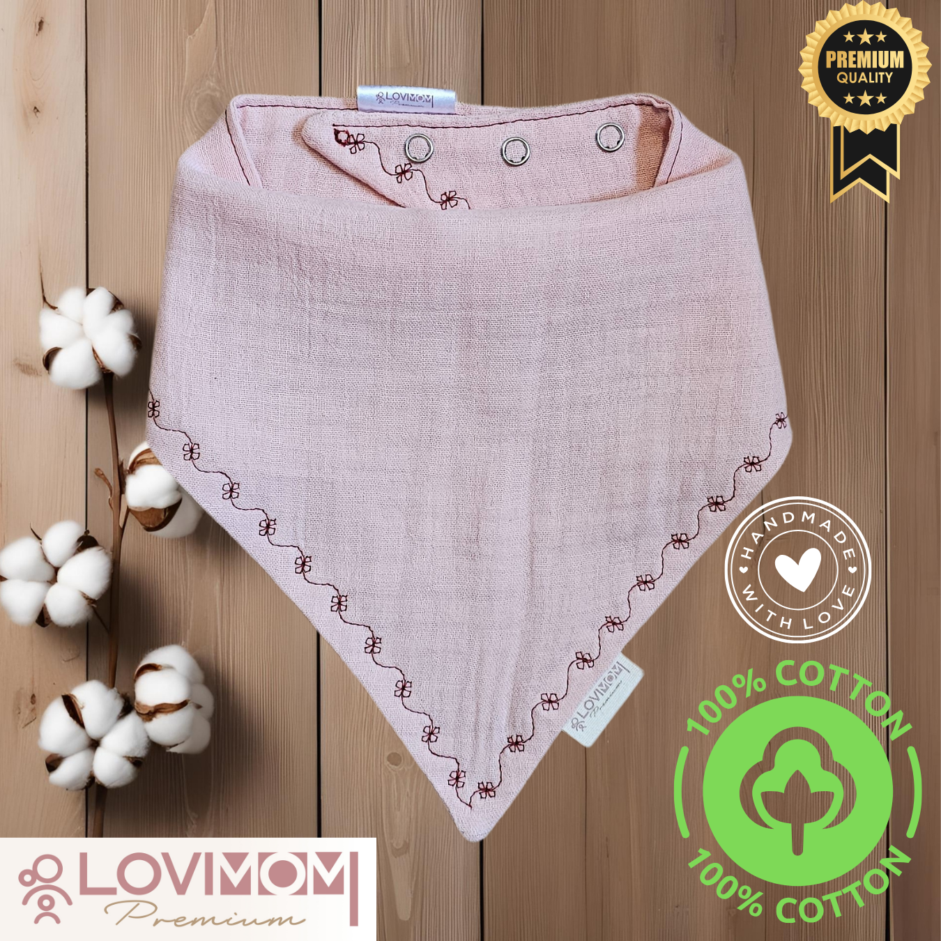 Premium 100% Cotton Extra Soft 2 Layer Muslin Baby Scarf Drool & Bib 45cm 3 Snaps Pinkone