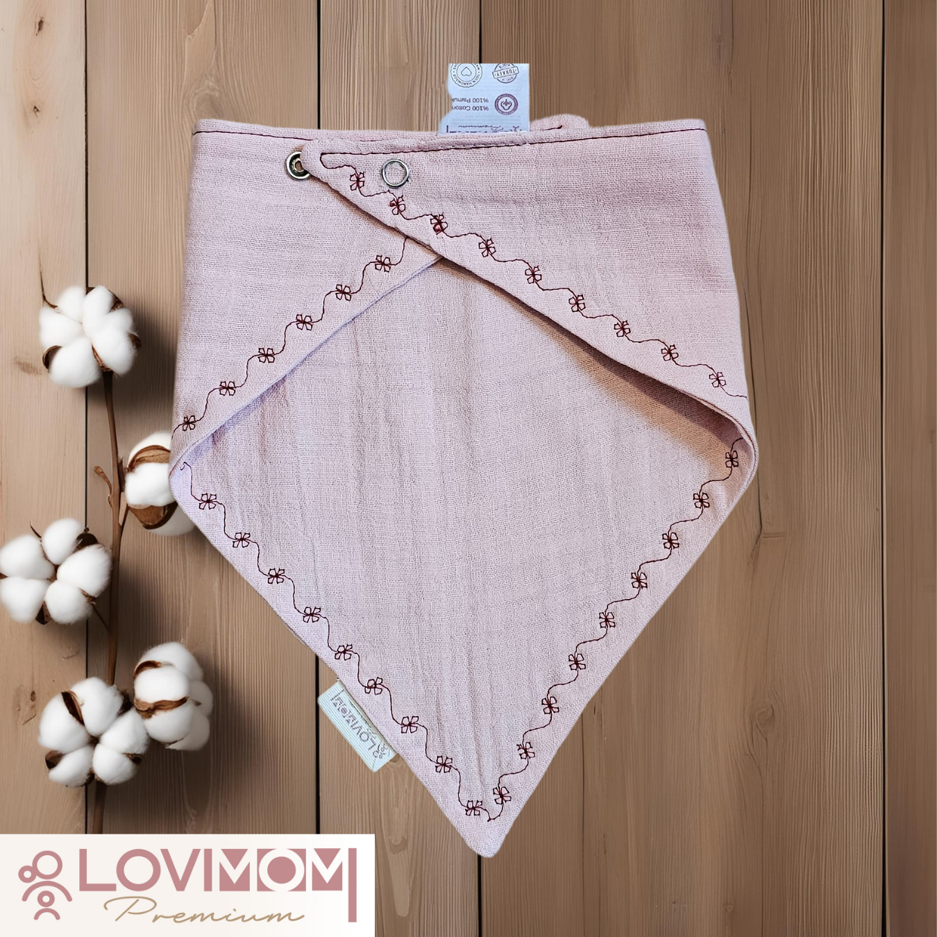 Premium 100% Cotton Extra Soft 2 Layer Muslin Baby Scarf Drool & Bib 45cm 3 Snaps Pinkone