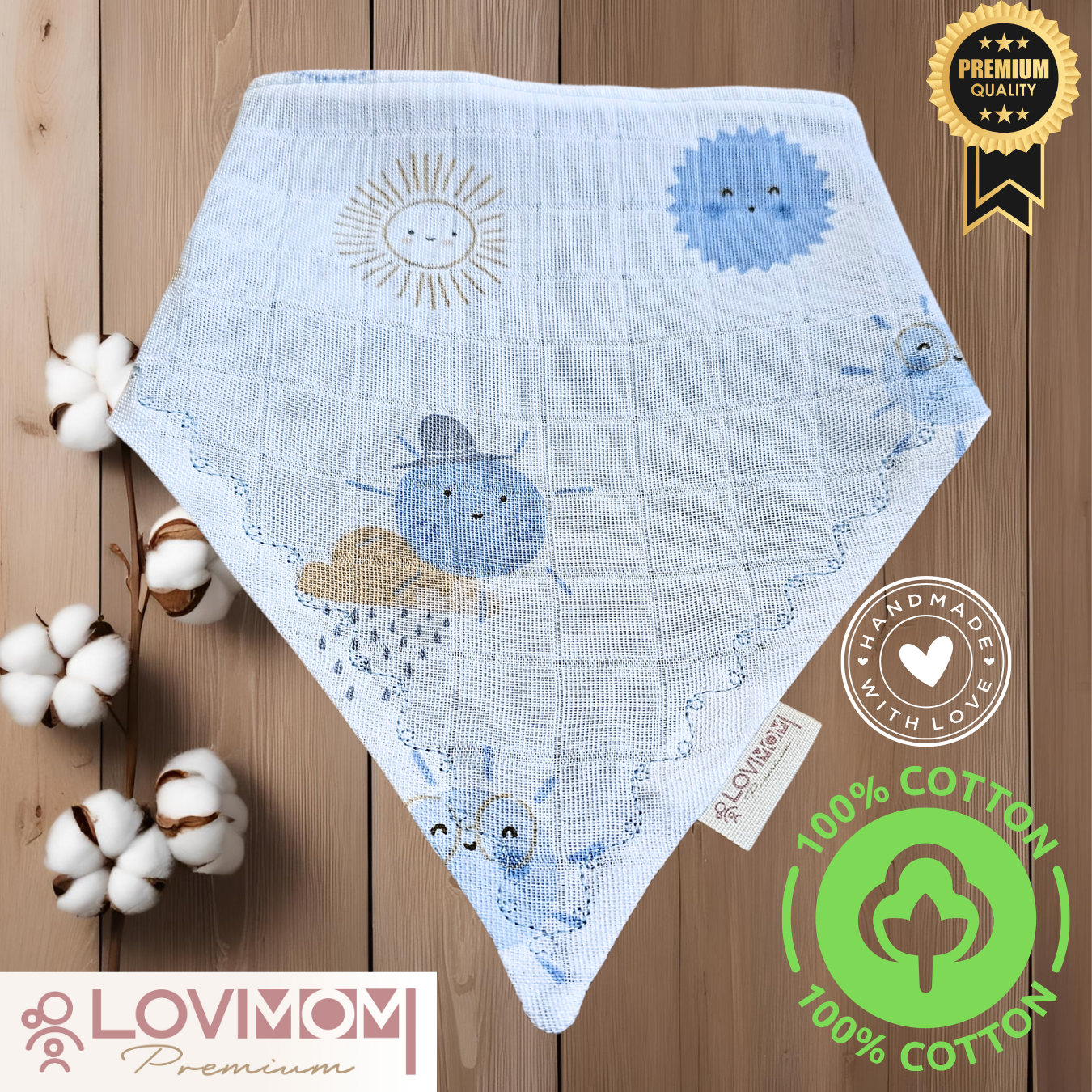Premium 100% Cotton Extra Soft 2 Layer Muslin Baby Scarf Drool & Bib 45cm 3 Snap Sunshine