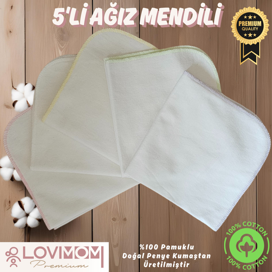 %100 Pamuk Penye Bebek Ağız Mendili 5’li Set Ekstra Yumuşak, Büyük Boy Salya Mendili 28x28 cm