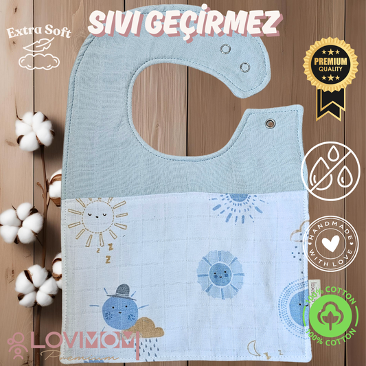 Premium %100 Pamuk Ekstra Soft 2 Katlı Su Geçirmez Müslin Bebek Mama Önlüğü Çıtçıtlı Sunshin 0-2 Yaş
