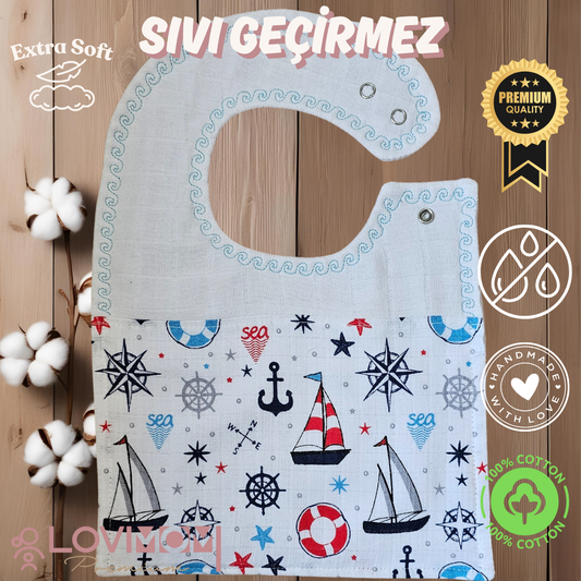 Premium %100 Pamuk Ekstra Soft 2 Katlı Su Geçirmez Müslin Bebek Mama Önlüğü Çıtçıtlı Sailor 0-2 Yaş