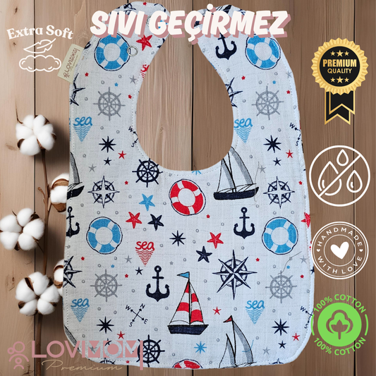 Premium %100 Pamuk Ekstra Soft 2 Katlı Su Geçirmez Müslin Bebek Mama Önlüğü Çıtçıtlı Sailor 0-2 Yaş