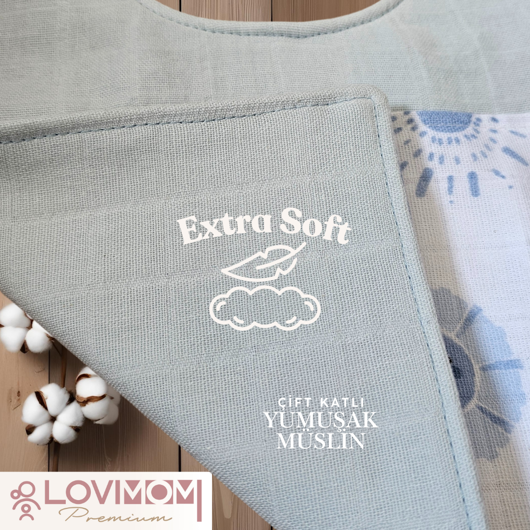 Premium %100 Pamuk Ekstra Soft 2 Katlı Su Geçirmez Müslin Bebek Mama Önlüğü Çıtçıtlı Sunshin 0-2 Yaş
