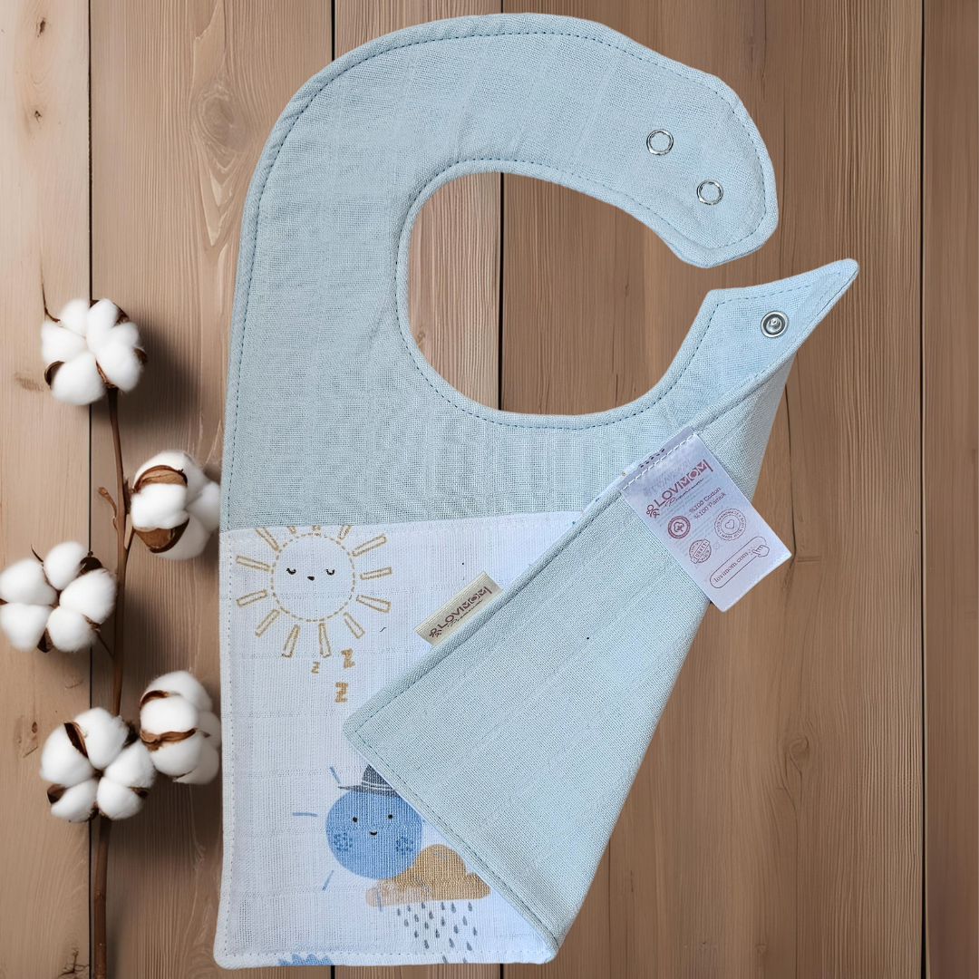Premium %100 Pamuk Ekstra Soft 2 Katlı Su Geçirmez Müslin Bebek Mama Önlüğü Çıtçıtlı Sunshin 0-2 Yaş